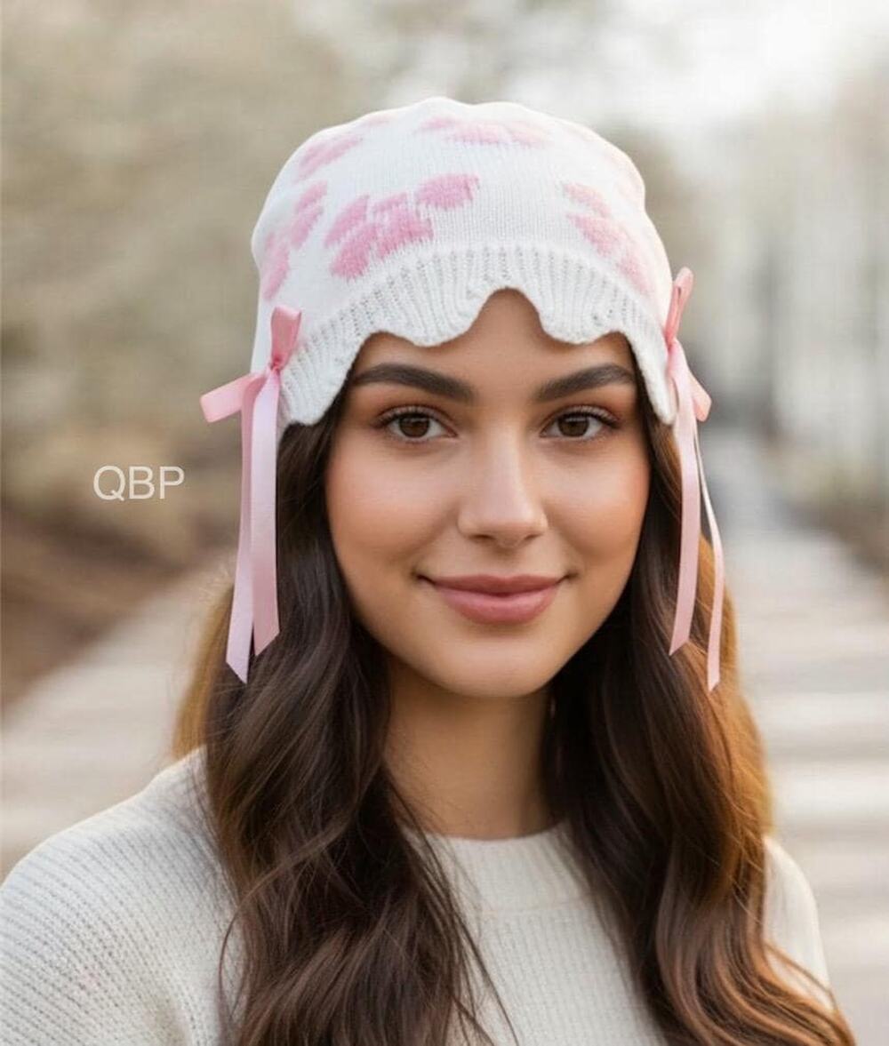 Vintage Inspired White Pink Flower Scalloped Beanie Hat Pink Bows